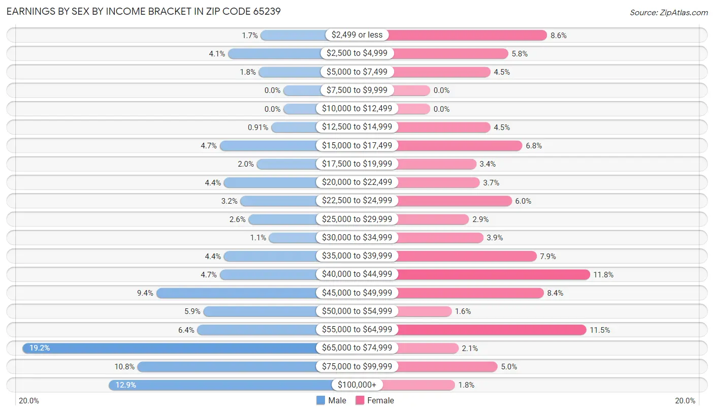 Earnings by Sex by Income Bracket in Zip Code 65239