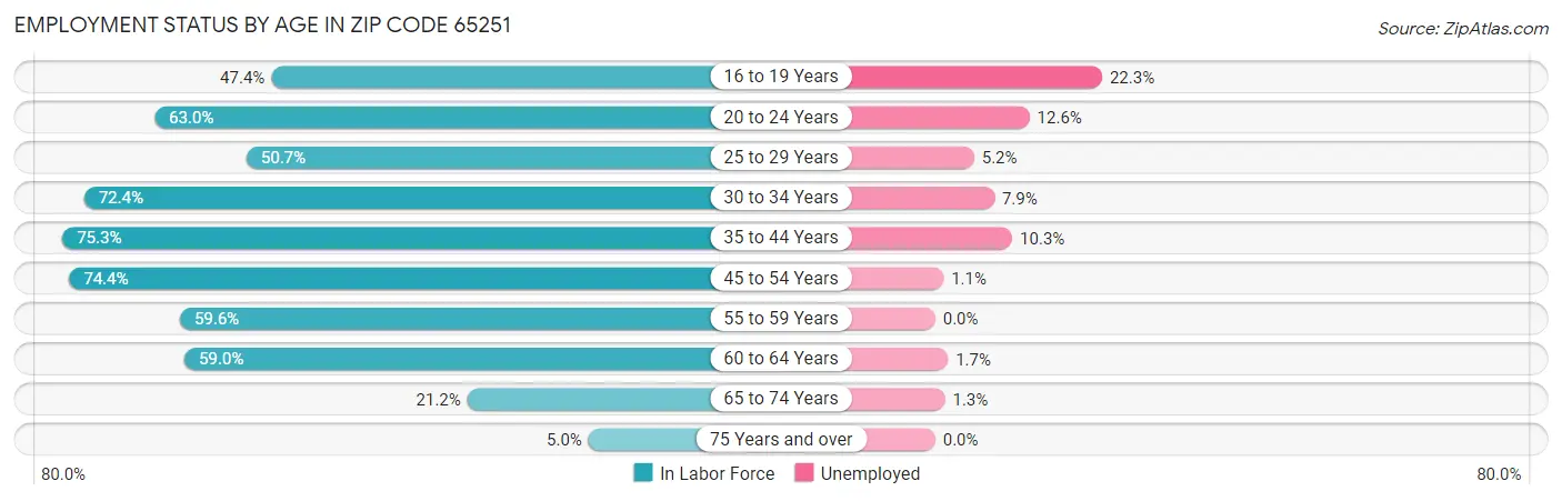 Employment Status by Age in Zip Code 65251