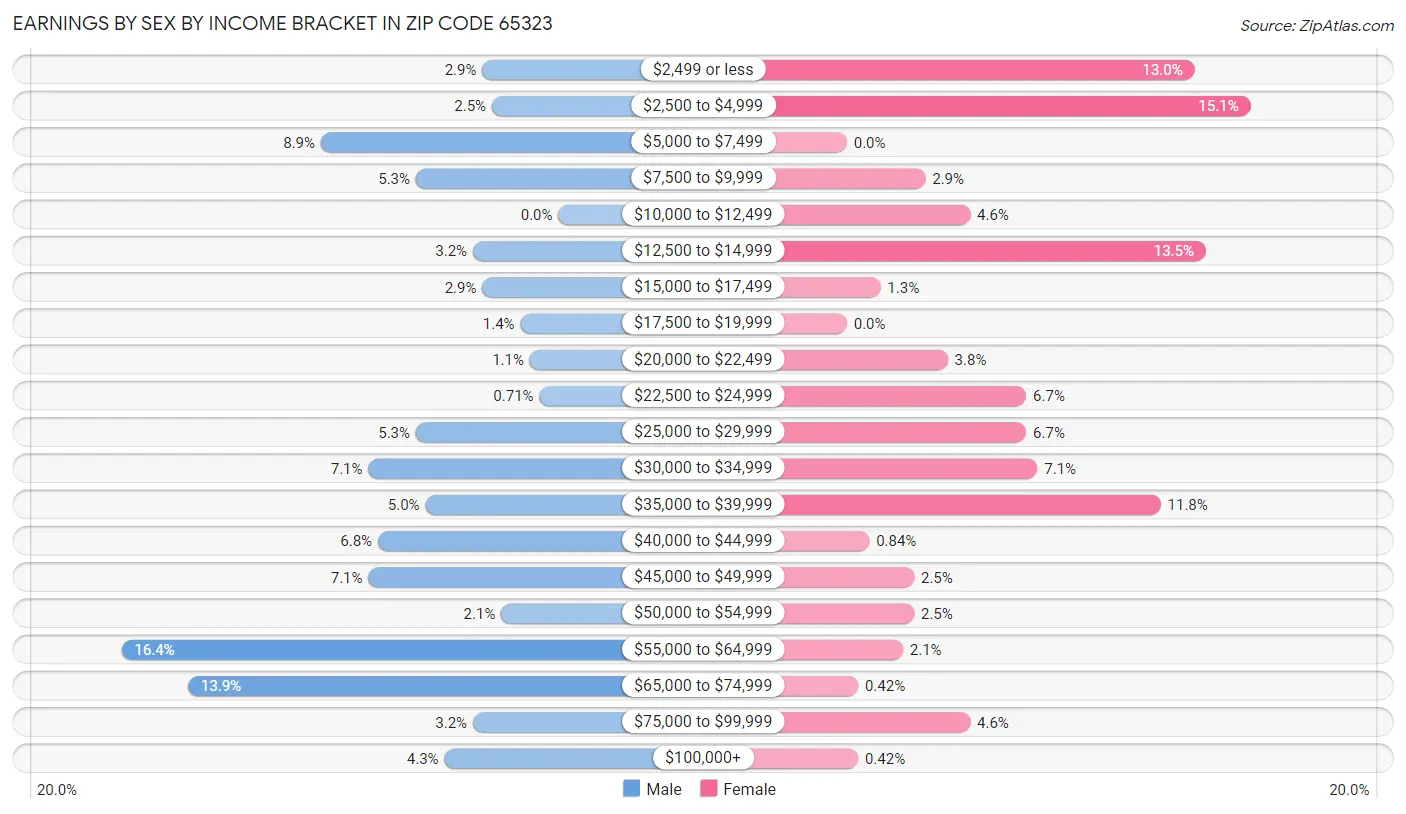 Earnings by Sex by Income Bracket in Zip Code 65323