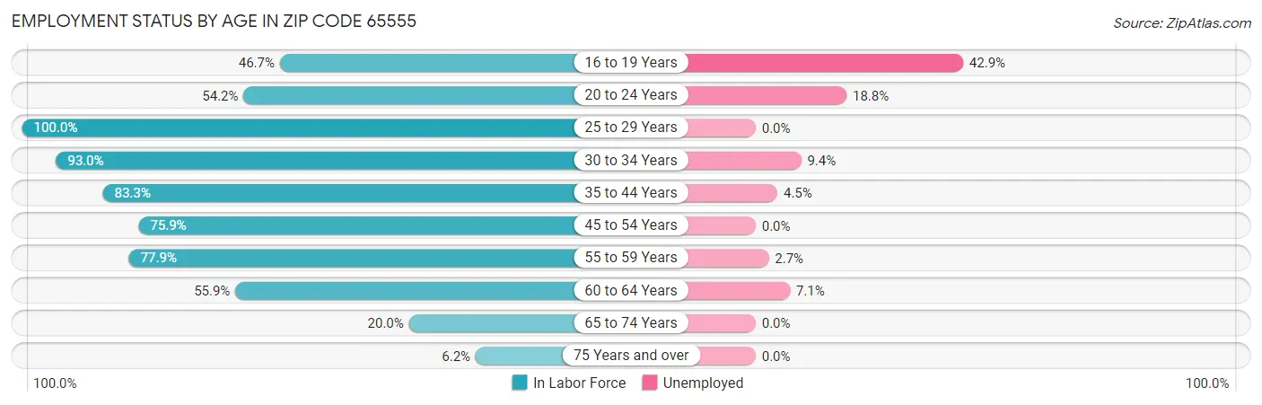 Employment Status by Age in Zip Code 65555