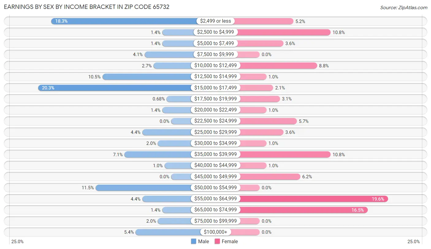 Earnings by Sex by Income Bracket in Zip Code 65732