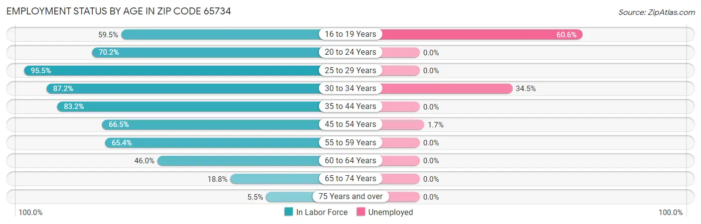 Employment Status by Age in Zip Code 65734
