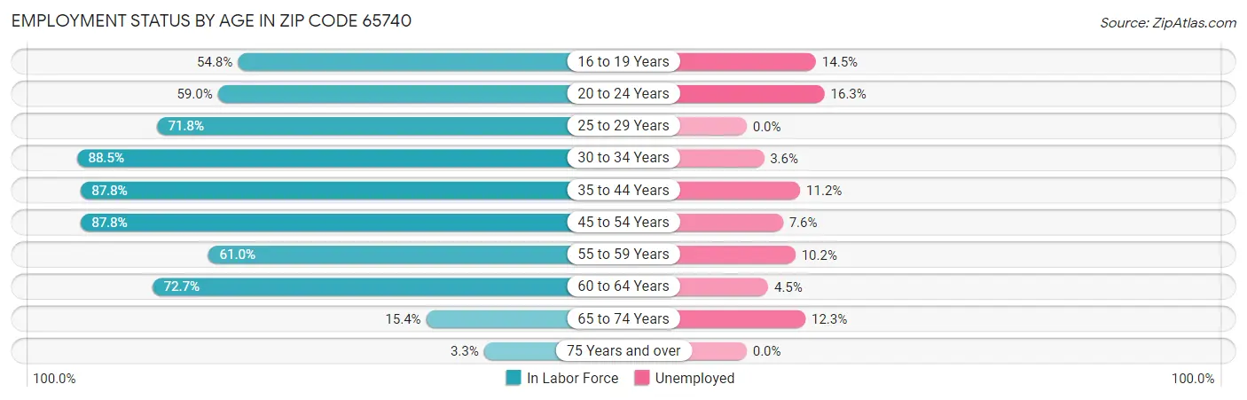 Employment Status by Age in Zip Code 65740