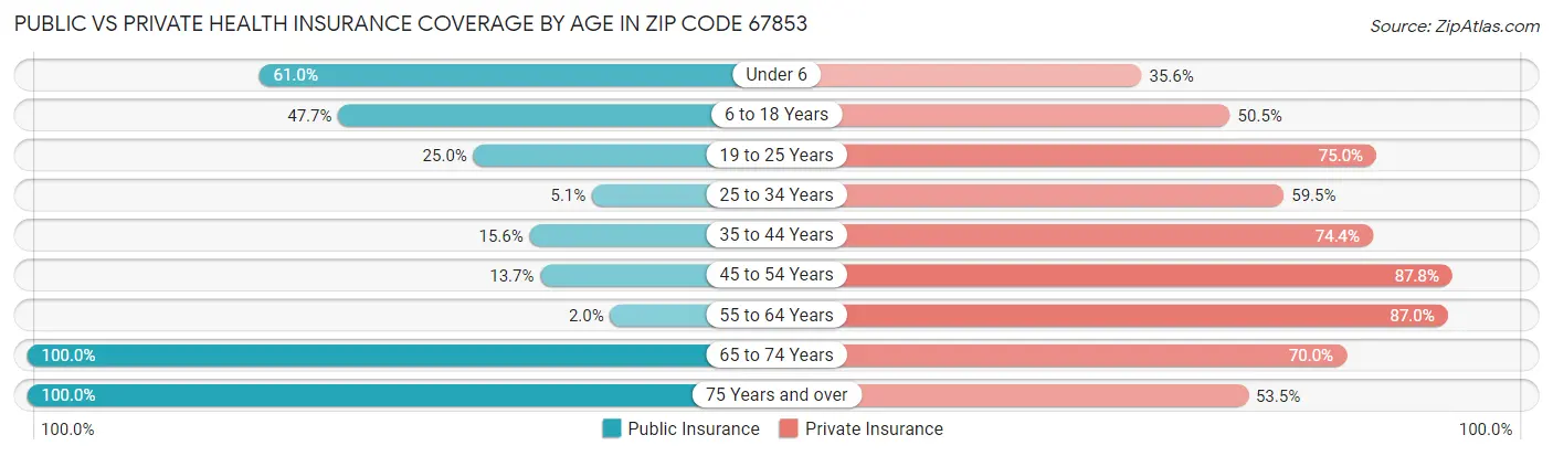 Public vs Private Health Insurance Coverage by Age in Zip Code 67853