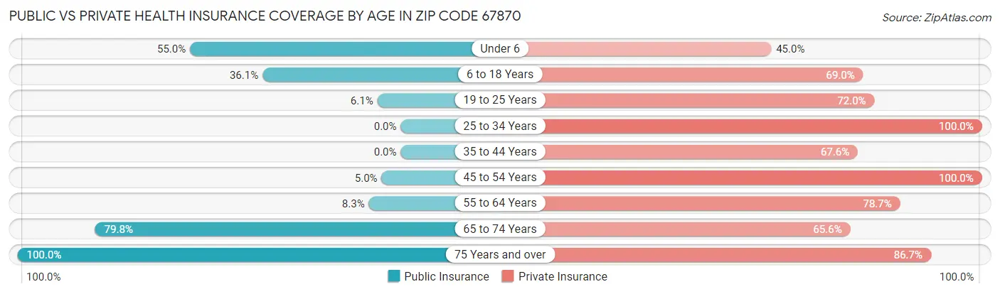 Public vs Private Health Insurance Coverage by Age in Zip Code 67870