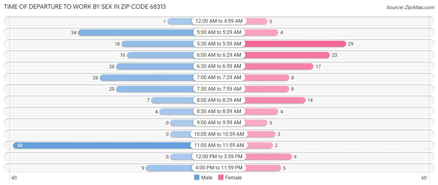 Time of Departure to Work by Sex in Zip Code 68313