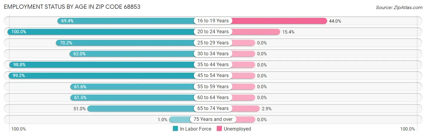 Employment Status by Age in Zip Code 68853