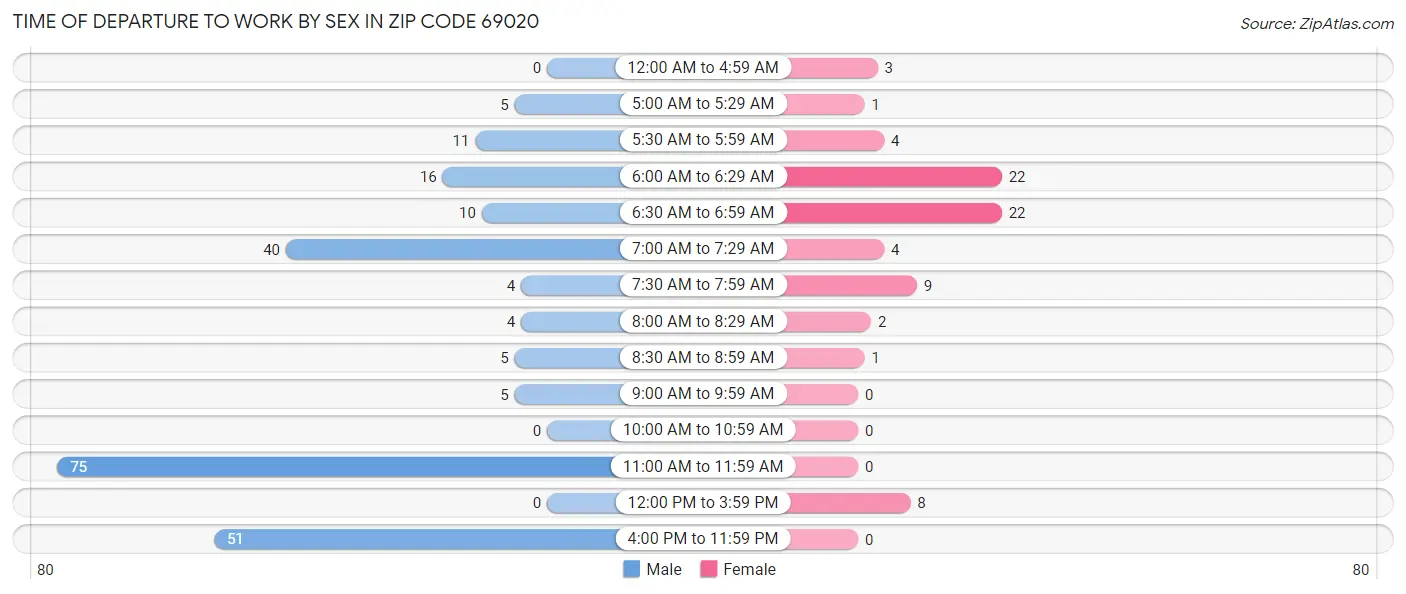 Time of Departure to Work by Sex in Zip Code 69020