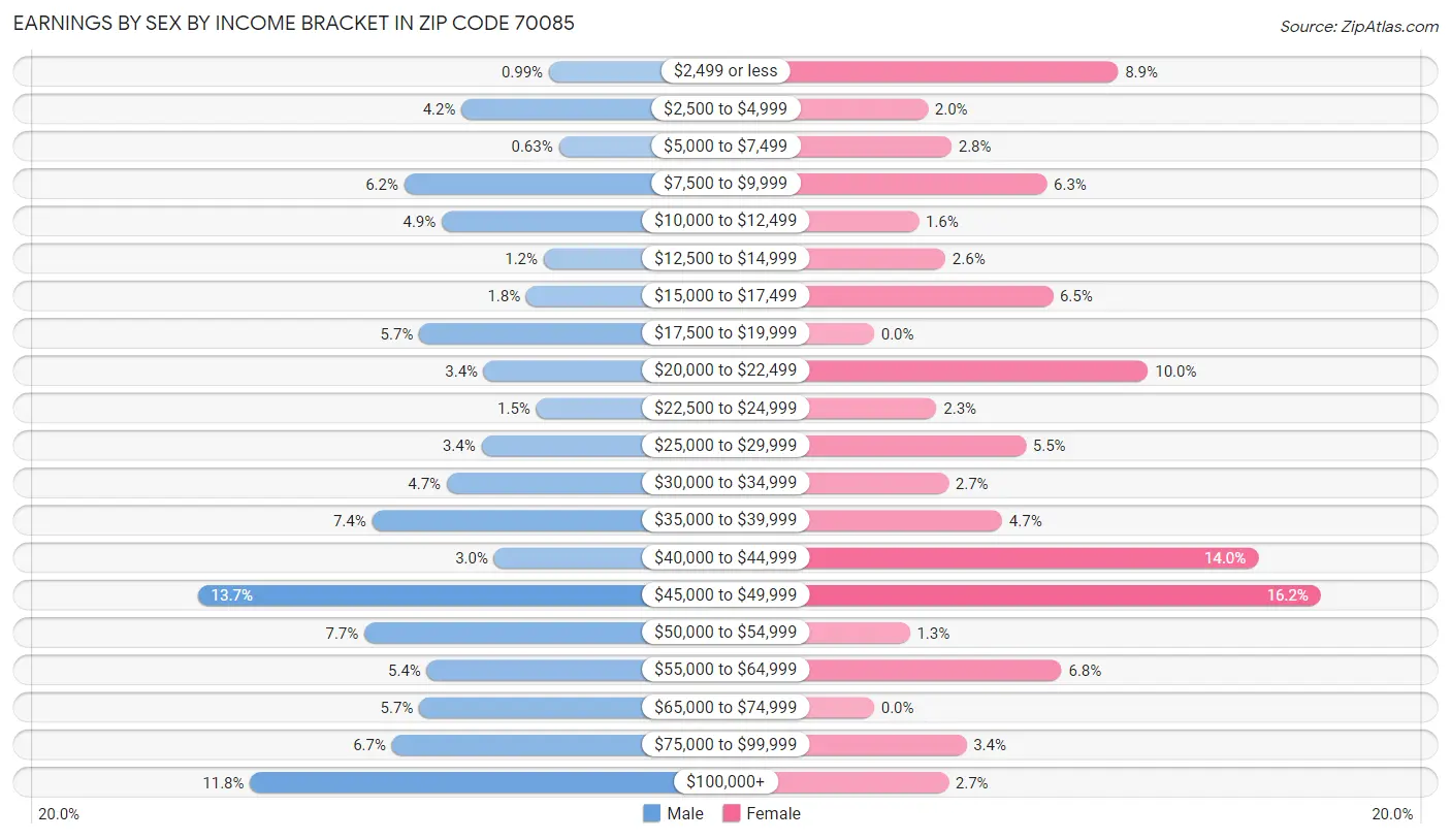 Earnings by Sex by Income Bracket in Zip Code 70085