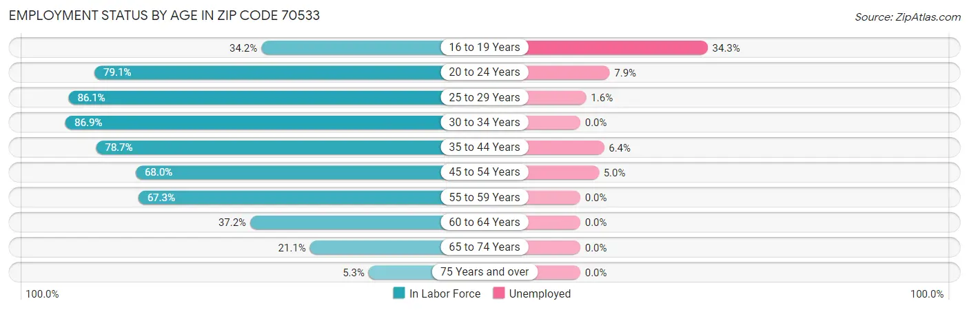 Employment Status by Age in Zip Code 70533
