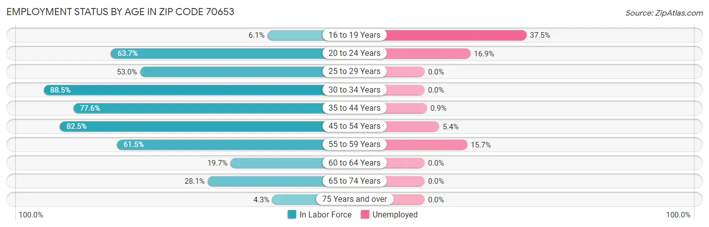 Employment Status by Age in Zip Code 70653