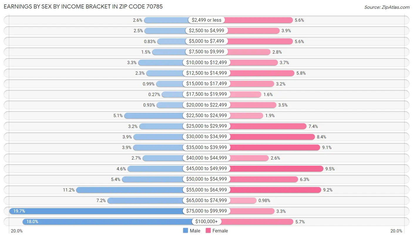 Earnings by Sex by Income Bracket in Zip Code 70785