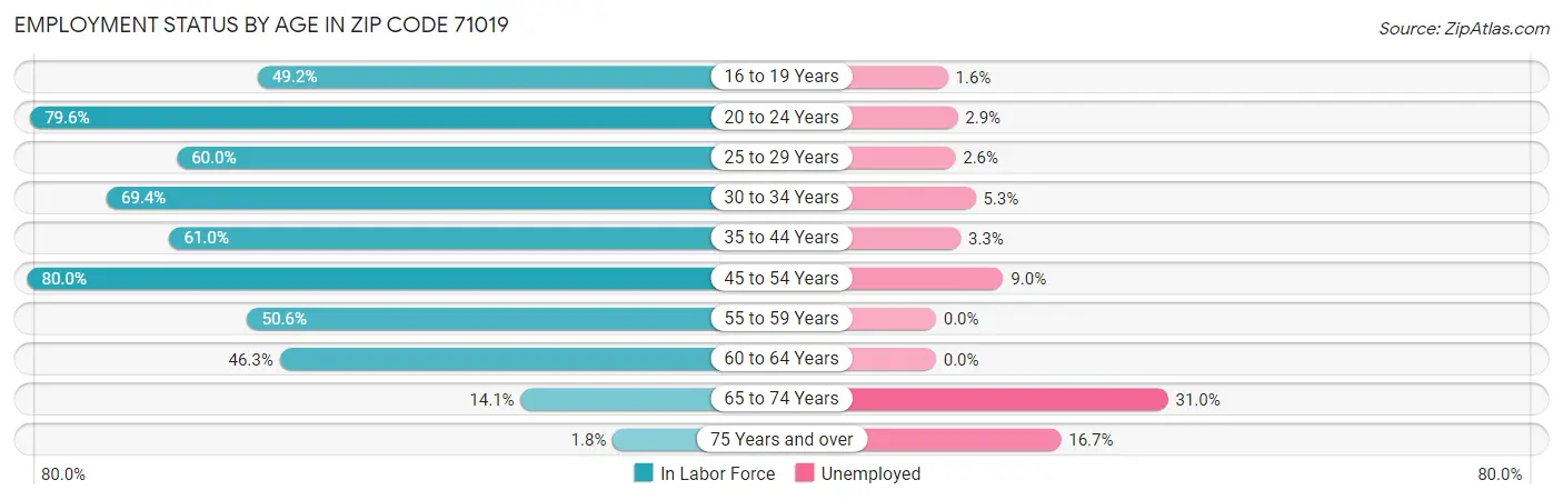 Employment Status by Age in Zip Code 71019