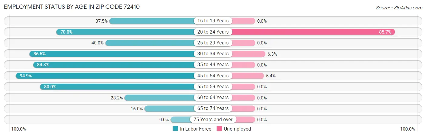 Employment Status by Age in Zip Code 72410