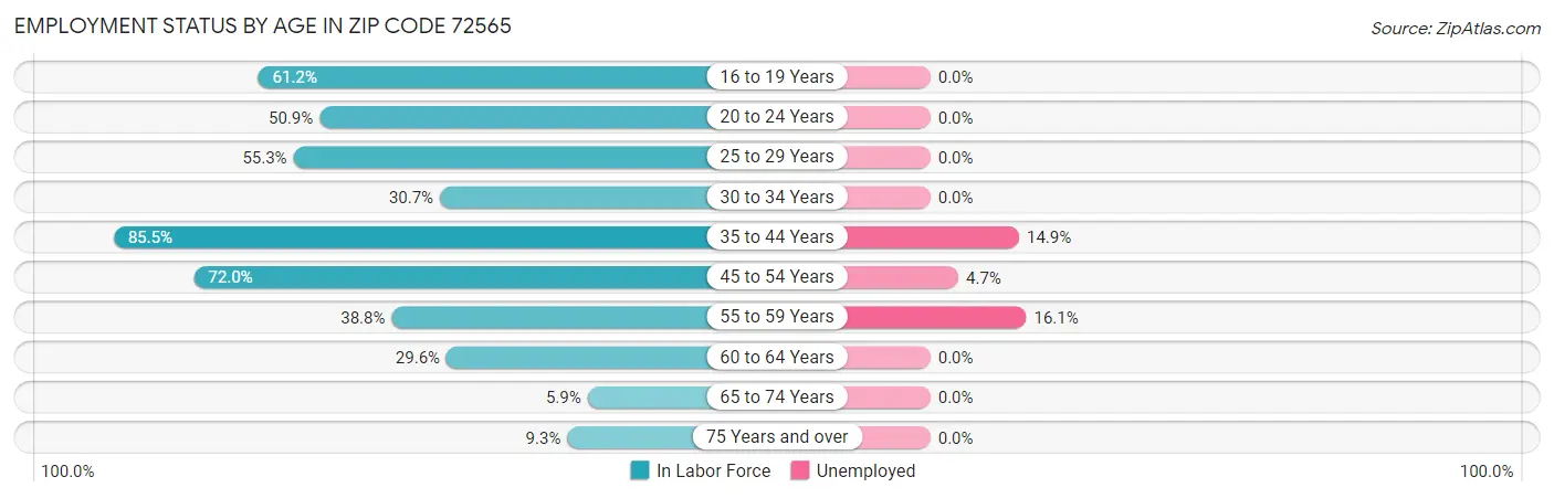 Employment Status by Age in Zip Code 72565