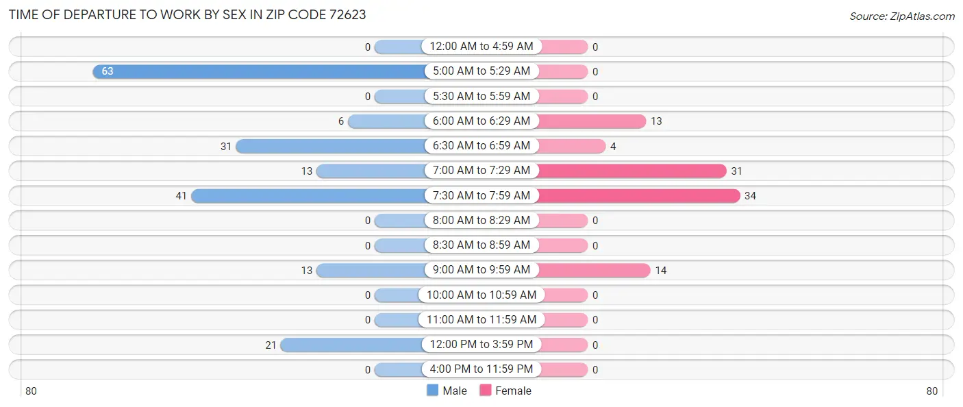 Time of Departure to Work by Sex in Zip Code 72623