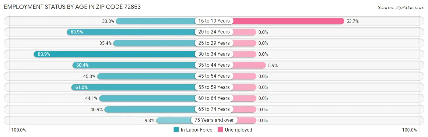 Employment Status by Age in Zip Code 72853