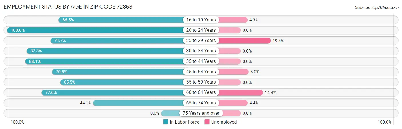 Employment Status by Age in Zip Code 72858