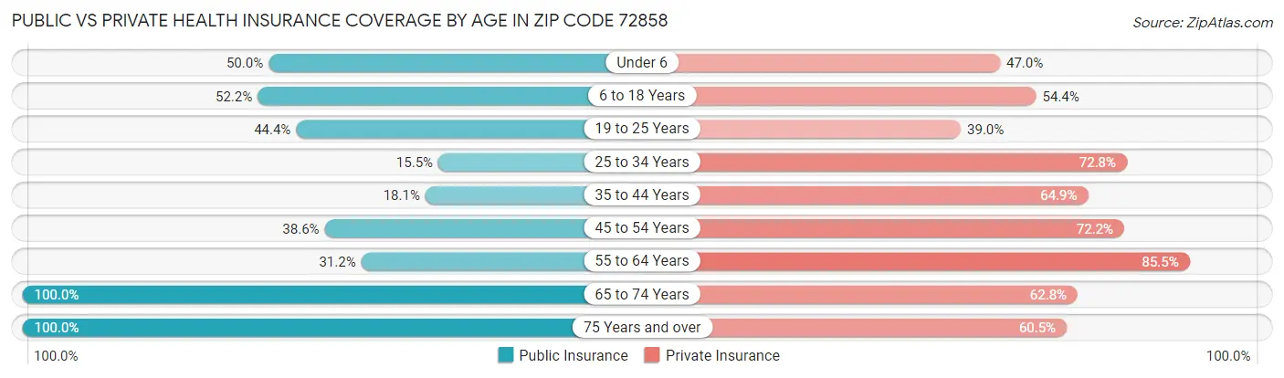 Public vs Private Health Insurance Coverage by Age in Zip Code 72858