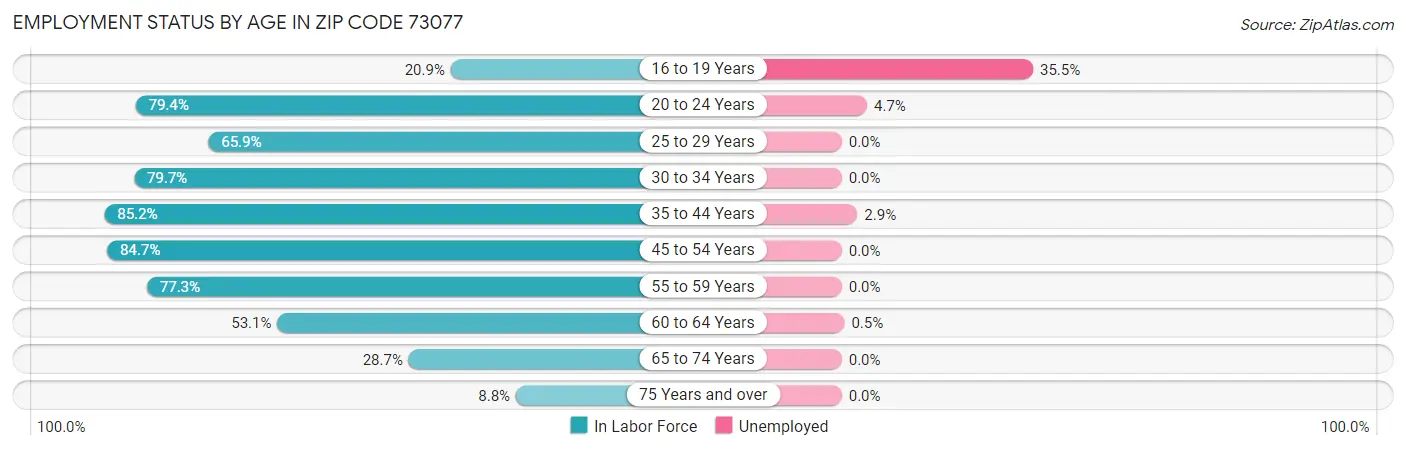 Employment Status by Age in Zip Code 73077