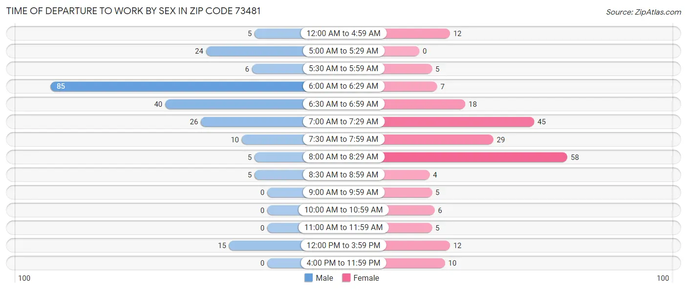 Time of Departure to Work by Sex in Zip Code 73481