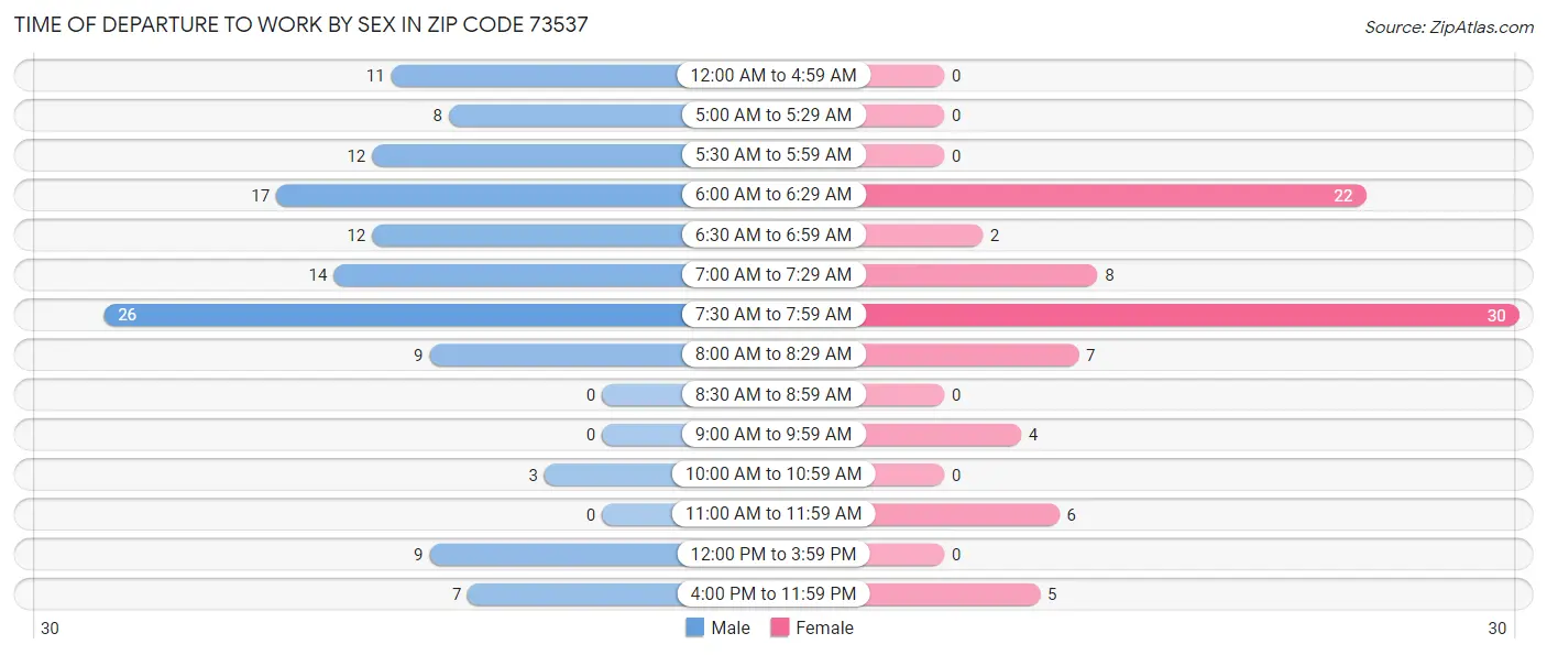 Time of Departure to Work by Sex in Zip Code 73537