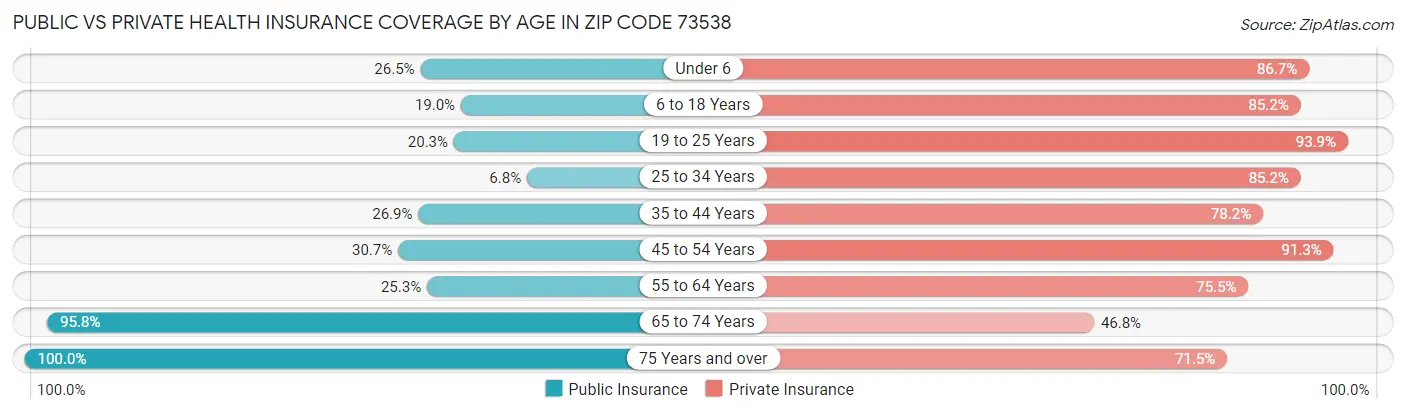 Public vs Private Health Insurance Coverage by Age in Zip Code 73538