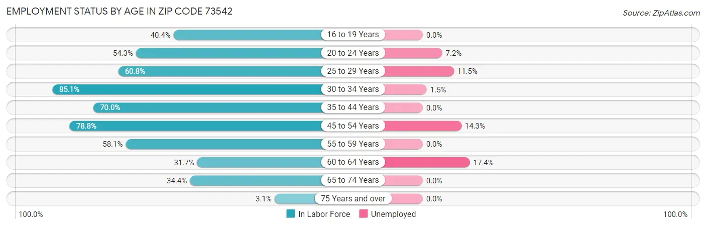 Employment Status by Age in Zip Code 73542