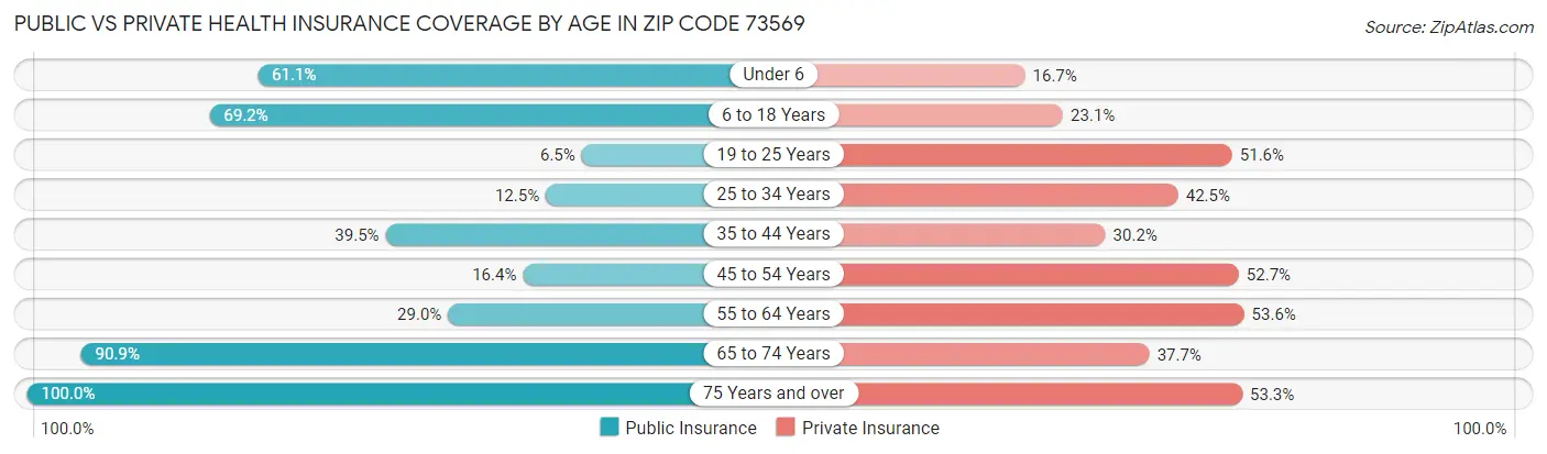 Public vs Private Health Insurance Coverage by Age in Zip Code 73569