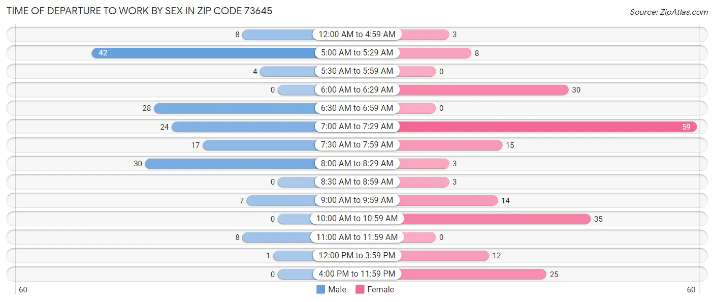 Time of Departure to Work by Sex in Zip Code 73645
