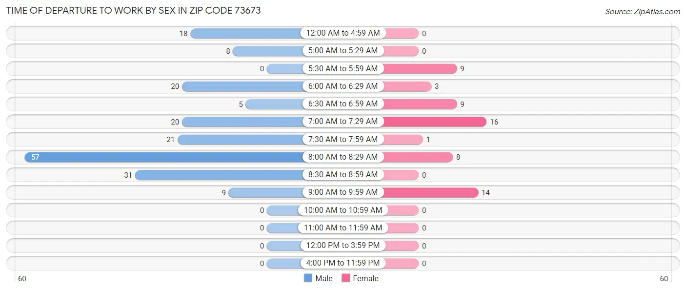 Time of Departure to Work by Sex in Zip Code 73673