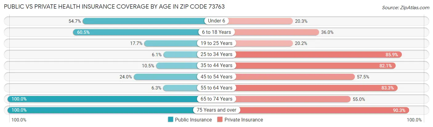 Public vs Private Health Insurance Coverage by Age in Zip Code 73763