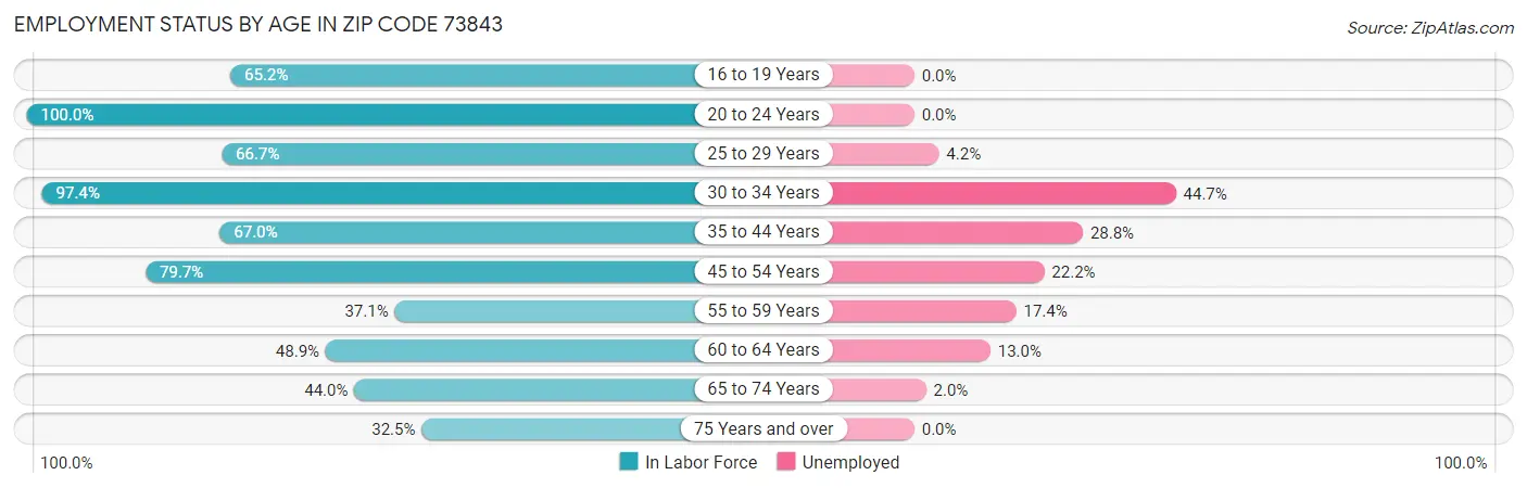 Employment Status by Age in Zip Code 73843
