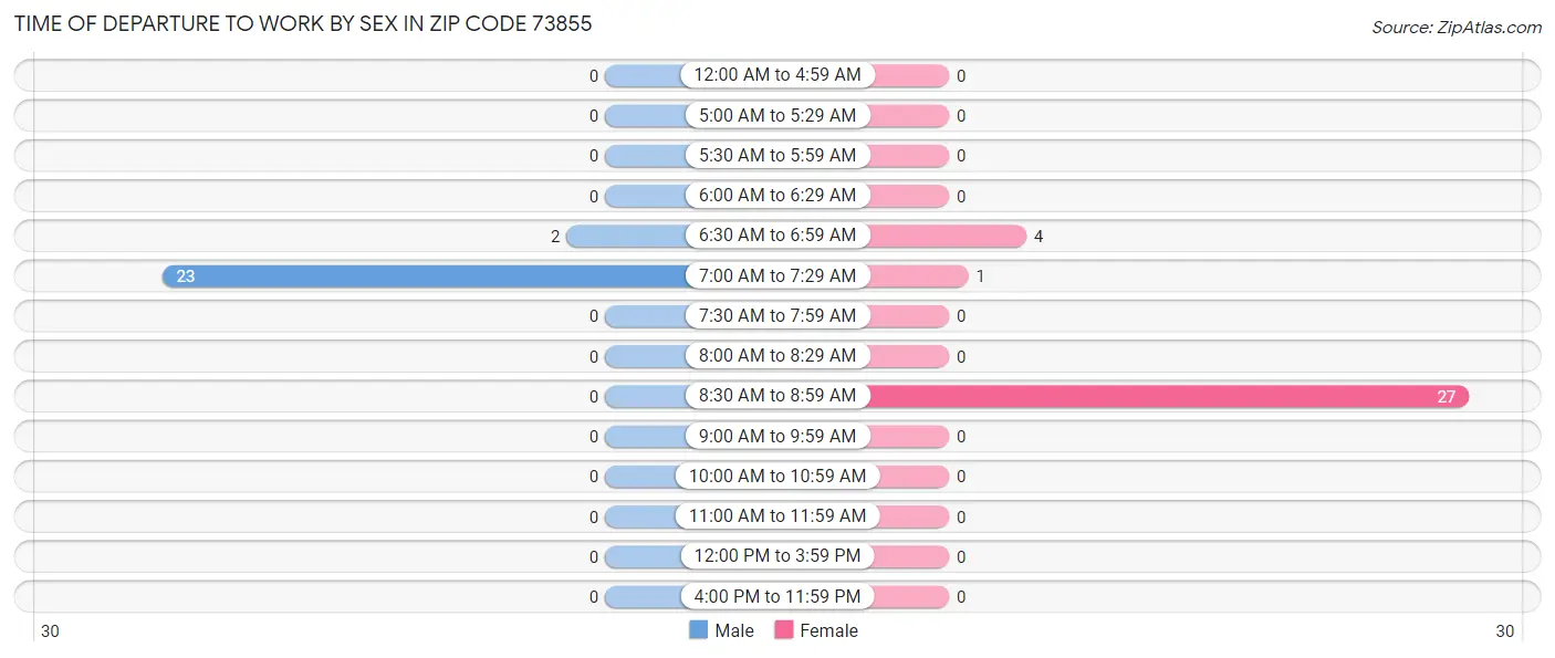 Time of Departure to Work by Sex in Zip Code 73855