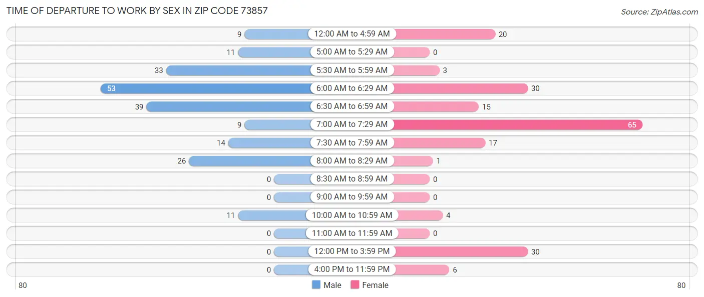 Time of Departure to Work by Sex in Zip Code 73857
