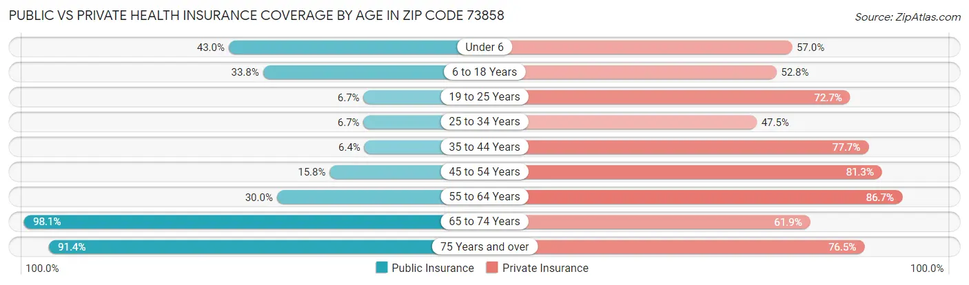 Public vs Private Health Insurance Coverage by Age in Zip Code 73858