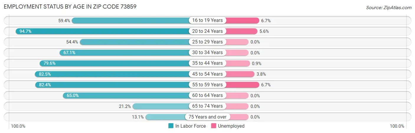 Employment Status by Age in Zip Code 73859