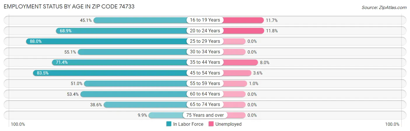 Employment Status by Age in Zip Code 74733