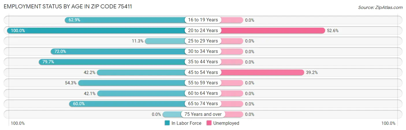 Employment Status by Age in Zip Code 75411