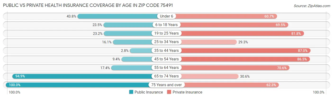 Public vs Private Health Insurance Coverage by Age in Zip Code 75491