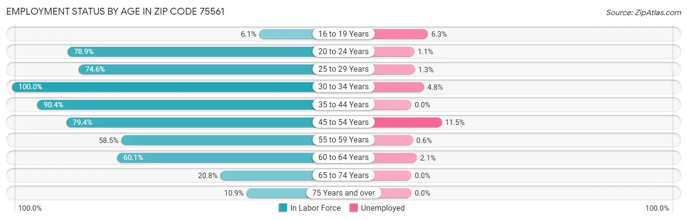 Employment Status by Age in Zip Code 75561