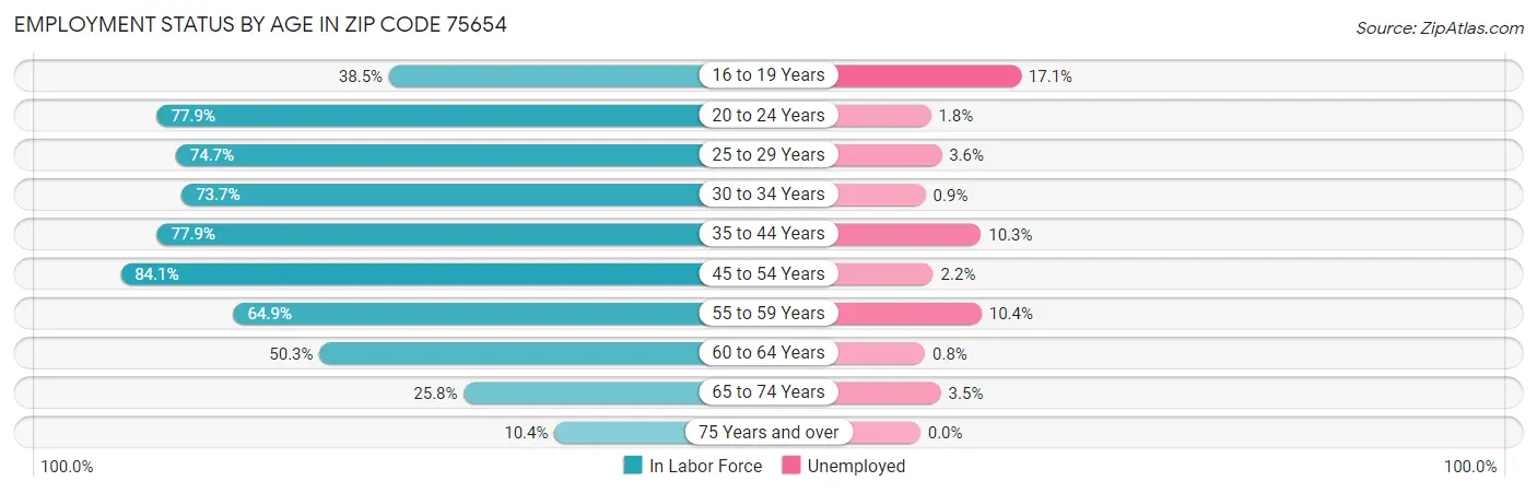 Employment Status by Age in Zip Code 75654