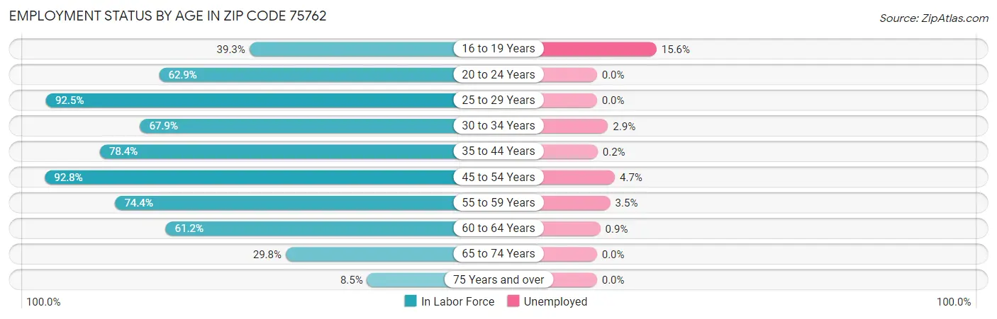 Employment Status by Age in Zip Code 75762