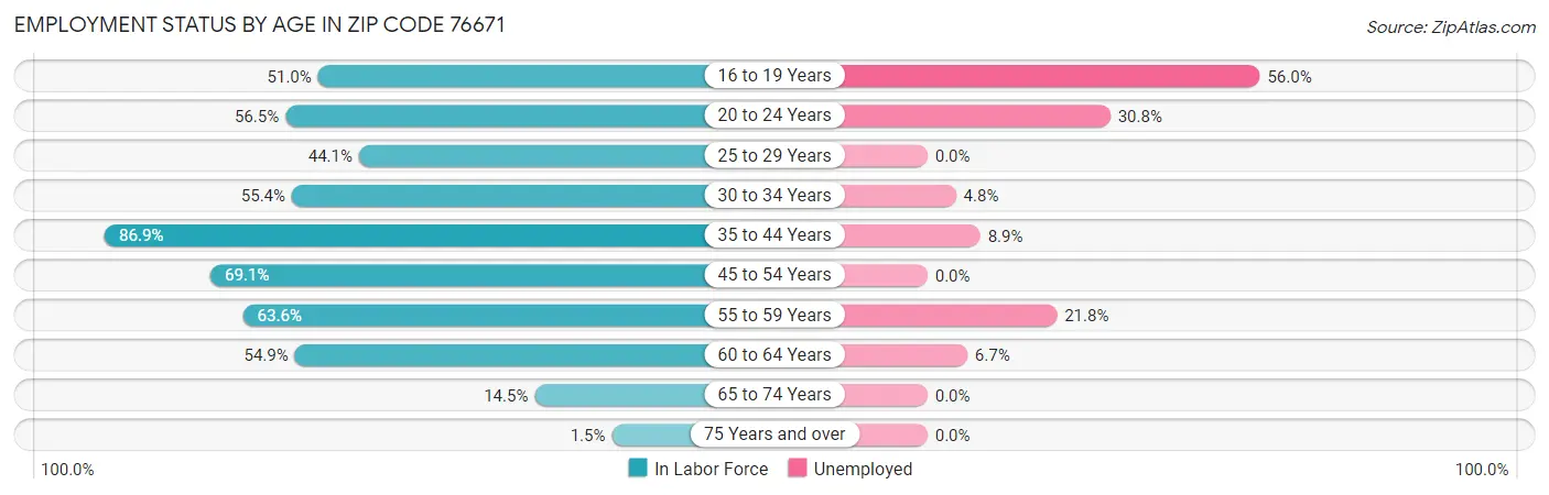 Employment Status by Age in Zip Code 76671