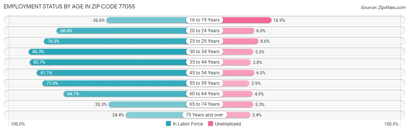 Employment Status by Age in Zip Code 77055