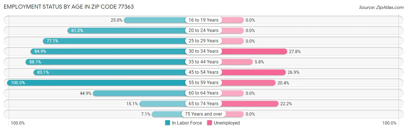 Employment Status by Age in Zip Code 77363