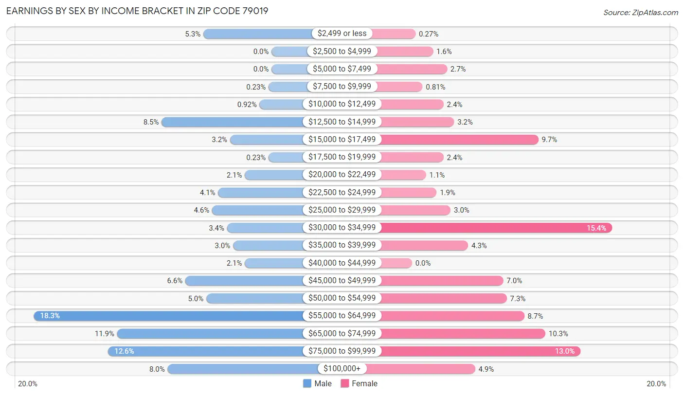 Earnings by Sex by Income Bracket in Zip Code 79019