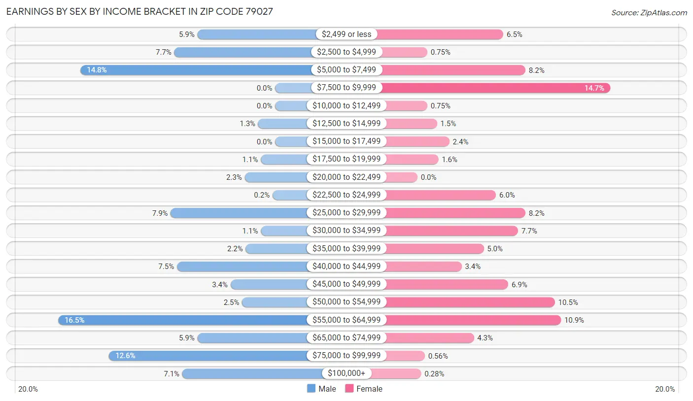 Earnings by Sex by Income Bracket in Zip Code 79027