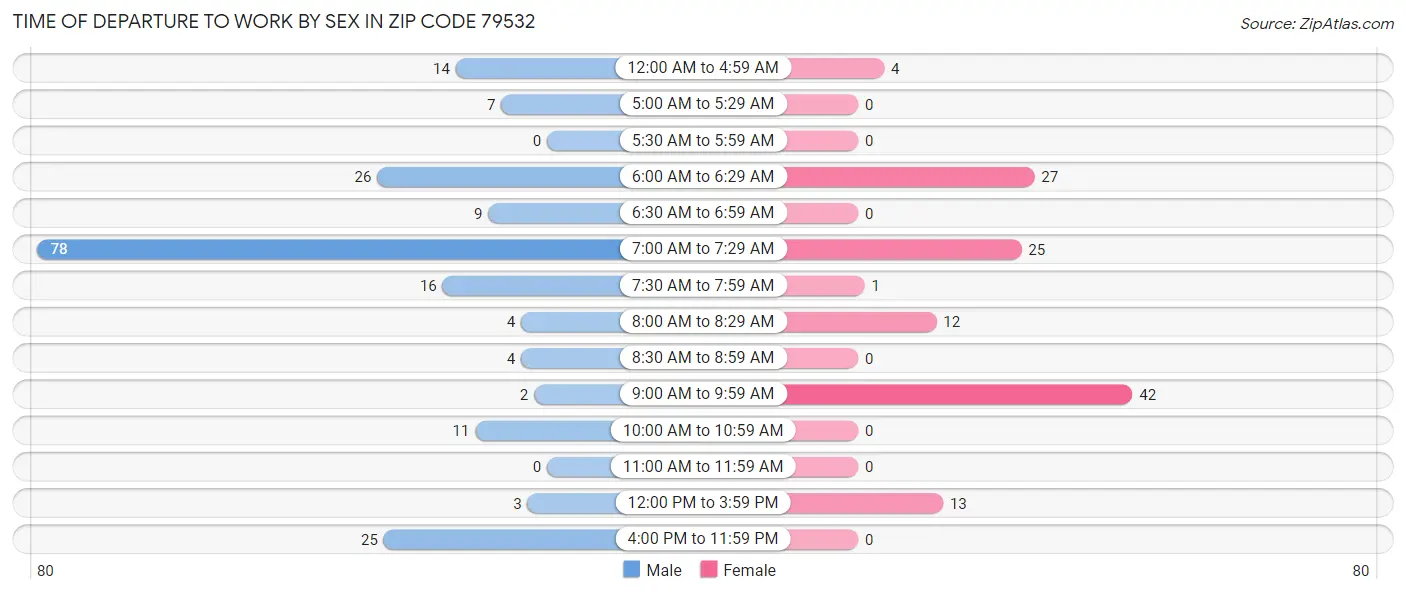 Time of Departure to Work by Sex in Zip Code 79532