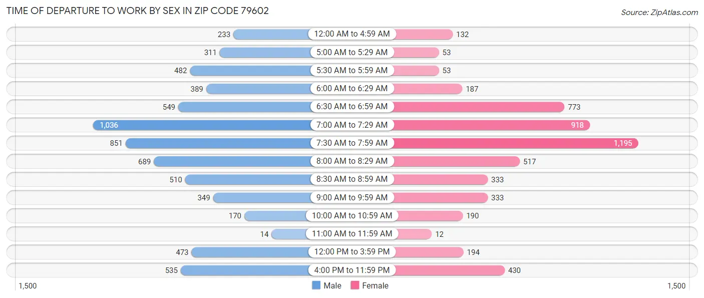 Time of Departure to Work by Sex in Zip Code 79602